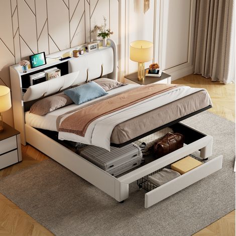 Polsterbett (160x200x112 cm), mit Stauraum, LED Lichtleiste, USB Ladeport, Massivholz und MDF, Beige Weiß (1/5)