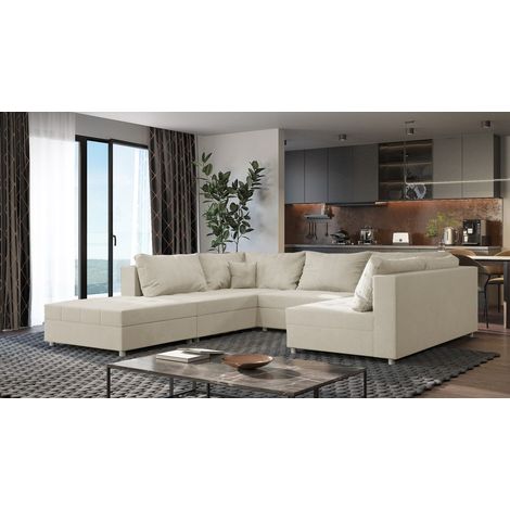 Wohnlandschaft Sofa ANDRO Schlaffunktion und Hocker Stoff Lincoln Creme (1/5)