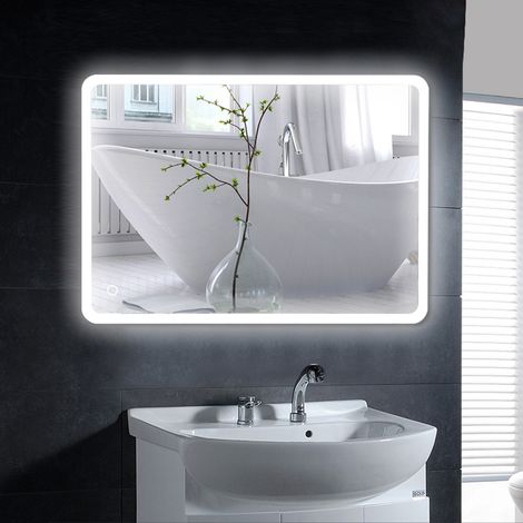 Aqrau 50x70 Miroir de Salle de Bain LED, Commande tactile éclairée, Angle rond