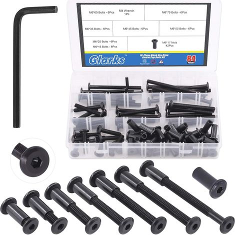Lot de 85 boulons noirs à tête hexagonale M6 x 16/25/35/45/55/65/75 mm avec clé Allen pour chaises, tables, armoires (1/5)