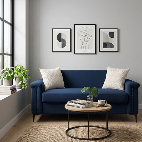 Canapé 2 places nordique 172 cm, tissu effet lin bleu, pieds métal noirs, REDOM (1/5)