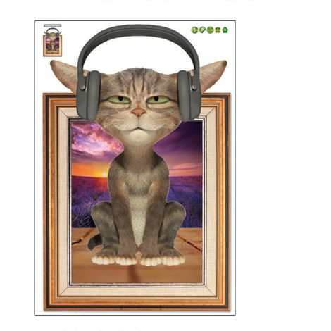 Chat autocollant mural décoratif avec casque, autocollant amovible réutilisable pour chambre salon bureau (1/5)