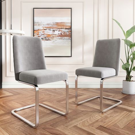 Juego de 2 sillas de comedor con respaldo de diseño rombo y patas metálicas plateadas terciopelo gris (1/5)