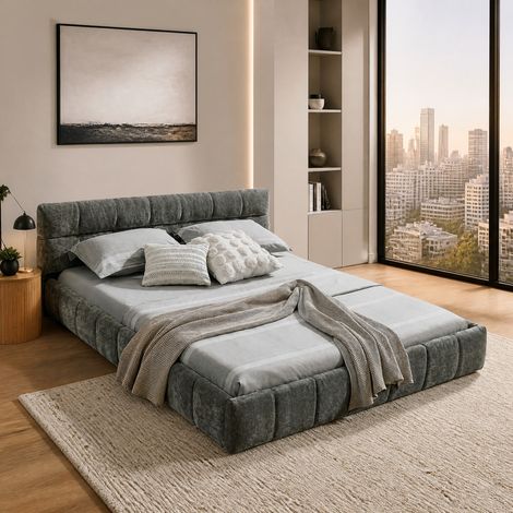 Letto matrimoniale 140x200 cm, rivestimento in chenille, struttura in legno di eucalipto e ferro, dark gray (1/5)