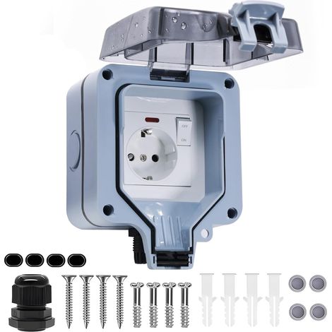 Prise extérieure étanche IP66, 1 voie avec interrupteur, témoin lumineux, prise extérieure, prise murale en saillie, 16 A, prise de jardin avec couvercle à clapet pour l'extérieur humide (1/5)