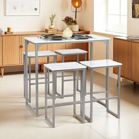 Hoher Bartisch mit 4 Hockern, Barmöbel Marmoroptik & Silberfarbener Rahmen, Multifunktional, Weiß
