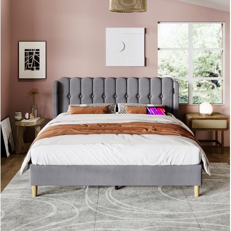 DESVIAE Lit double rembourré avec tête de lit à panneaux ports USB et Type C sommier à lattes gris 140 x 200 cm cadre de lit en tissu de lin pour chambre et chambre d amis (1/5)