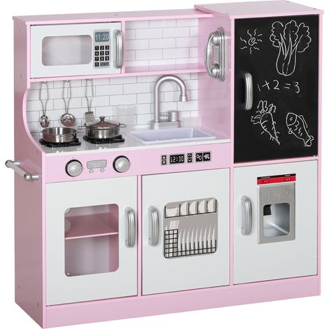 Cuisine pour enfants +3 ans, machine à glace et téléphone 83,8x26,8x81 cm rose avec accessoires de cuisine tableau noir (1/5)