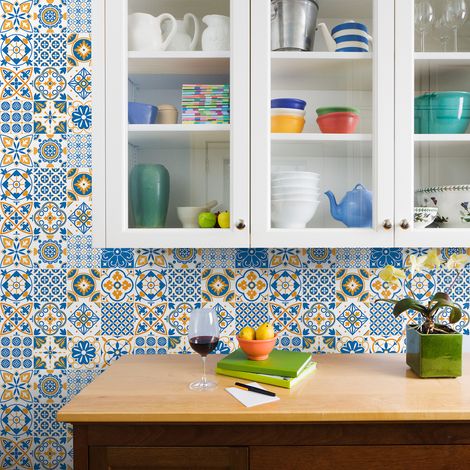 Sticker Mural Carrelage adhésif Cuisine Salle de Bain - 9 STICKERS CARREAUX DE CIMENT AZULEJOS SIDONIO - 9stickers15x15cm (1/5)