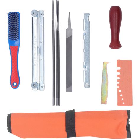 Set mit 11 Kettensägenketten-Schärffeilen, Zahnschleifwerkzeug mit Griff und Lehre.