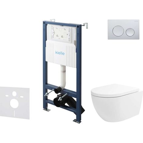 kielle Genesis New - Conjunto de instalación empotrada, inodoro Oudee, Vortex Rimless+, asiento con cierre suave y pulsador Gemini New I, cromo brillante 30528SS20