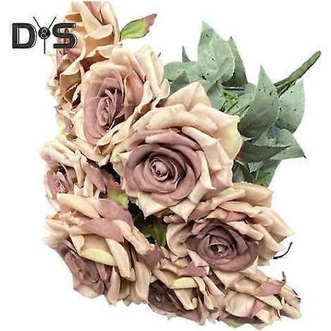 1 Bouquet Accessoires de Mariage Rose Artificielle Finition Finesse Magnifique Bouquet de 9 Roses Artificiellescafé léger (1/5)