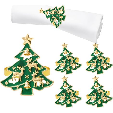 Jeu de 4 Bagues à Serviettes de Noël Métalliques en Forme de Sapin, Décorations de Table pour Réceptions de Mariage, Banquets Festifs et Mises en Table (1/4)