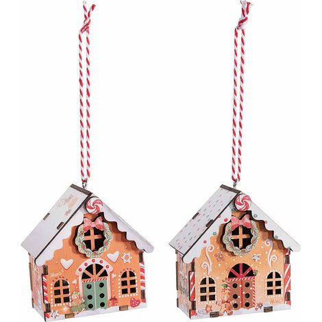 Maisonnettes de Noël en bois décoré avec cordon à suspendre au sapin, lot de 20, 7 x 4 x H. 7 cm
