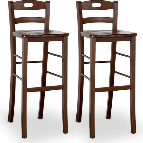 Set 2 Barhocker h 80 cm aus dunklem Nussbaum mit massivem Griff und Sitz