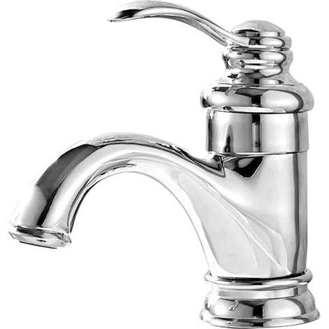 Grifo para lavabo de cobre, de una sola manija, con un solo orificio y arco bajo, para montaje en encimera, para agua caliente y fría (plateado, corto) (1/5)