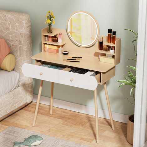 FIANAO – Coiffeuse avec miroir LED et 2 tiroirs – 3 modes de lumière, étagères ouvertes – 80 × 40 × 120 cm, couleur bois (1/5)