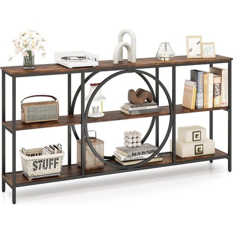 Costway – Table console 180 cm – Cadre métallique – 3 étagères ouvertes – Plateau en faux bois – Dimensions 180 x 30 x 90 cm – Couleur brun rustique (1/5)