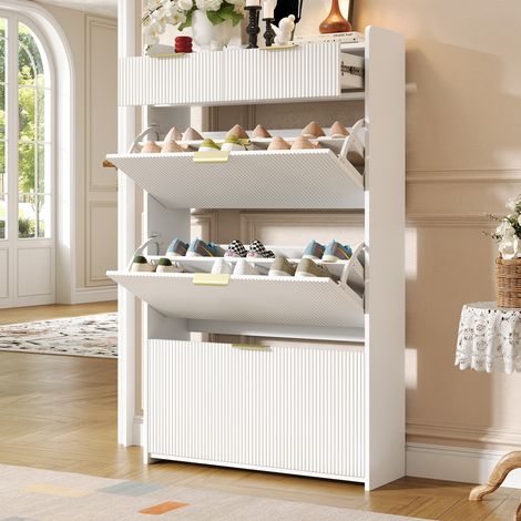 Meuble à chaussures étroit blanc à 3 abattants et 2 tiroirs, 80 x 25 x 135 cm (1/5)