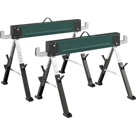 Lot de 2 tréteaux pliables métal, charge max 1160 kg, hauteur réglable 64-81 cm, poignée de transport, vert
