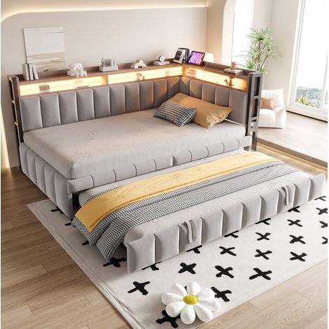 MODFU – Lit banquette gigogne 90x200 cm velours/MDF – Rangements tête de lit et 20 lattes – LED, USB et Type-C – Chambre – Gris clair (1/5)