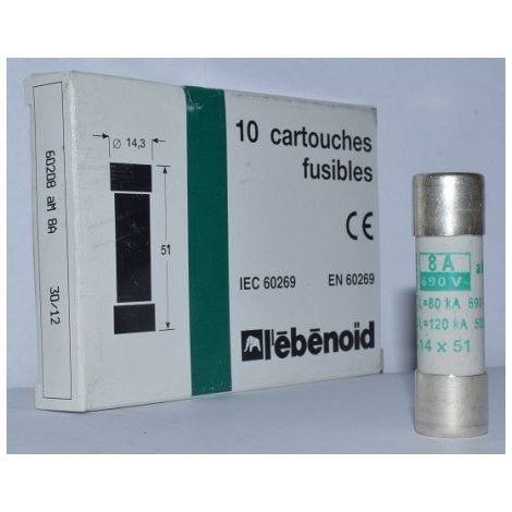 Fusible 8A cartouche 14X51mm aM usage industriel (boite de 10) HPC 120kA 500V sans percuteur EBENOID 060208 (1/2)