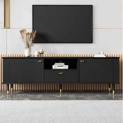 Mobile TV 170x36x54 cm nero in MDF laccato con 2 ante, 1 cassetto, vano aperto e chiusura soft-close (1/5)