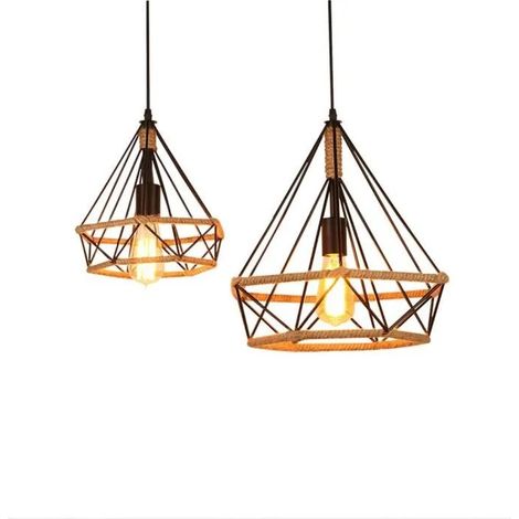 2PCS Lustre Vintage en Fer Forgé Nordique Suspension de E27 Douille en Corde de Chanvre Industriel Vent forme Diamant (1/4)