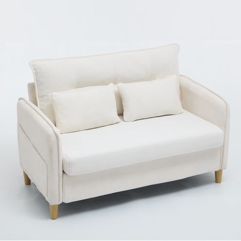 Canapé 2 places en tissu chenille beige avec accoudoirs et poches latérales, 127 cm (1/5)