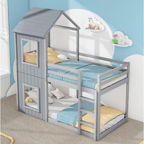 DESVIAE Lit superposé enfant cabane avec échelle et baldaquin 90 x 200 cm en pin massif gris (1/5)