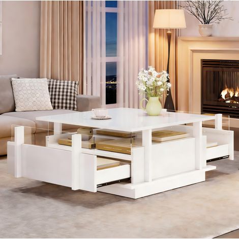 Tavolino da salotto 70x70x35 cm bianco lucido con 2 cassetti, LED e pannelli acrilici MEUBLIV (1/5)
