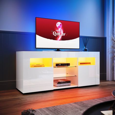 ELEGANT Modern High Gloss White TV Stand Cabinet 120cm High Gloss TV Unit with LED Lights for Living Room Bedroom with 2 Glass Shelves and 2 Doors, Handleless Design (1/9)