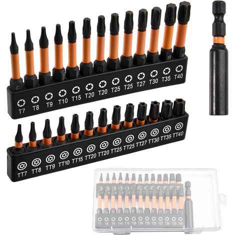 Set de 27 Embouts Torx Sécurité Anti-effraction, TT7 à TT40, Acier S2, Longueurs 25 et 50mm, Avec Porte-Embout Aimanté 60mm, Zone de Torsion, Boîte de Rangement (1/5)