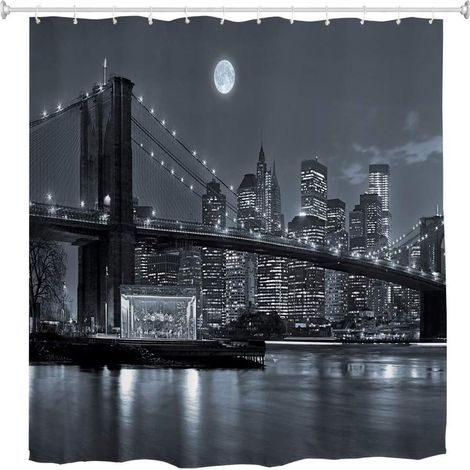 CCYKXA 180 x 200 cm Duschvorhang, Anti-Schimmel, wasserdichter Stoff, New York City, Brooklyn Bridge, Manhattan Skyline, schwarz-weiß, Polyester, wasserdichter Vorhang für Badezimmer, Badewanne, mit H