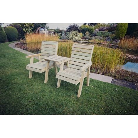 Clover Love Seats w/ Straight Tray - Timber - L69 x W158 x H98 cm - Min. Assembly Required - Set of Waterproof Cushions Included