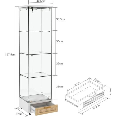Vitrine moderne en verre trempé avec éclairage LED et tiroirs,quatre étagères de rangement,adaptée au salon et chambre.