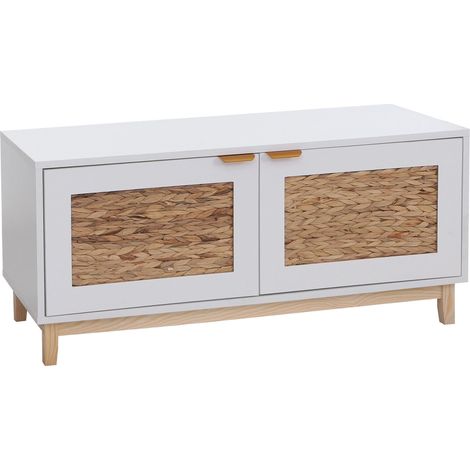 Banco HHG-926, banco para vestíbulo, zapatero, estante para zapatos, MDF melamina, frente de jacinto acuático, 45 x 100 x 42 cm, blanco