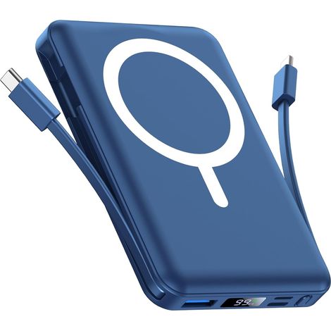 Batterie Externe Magnétique, Compatible avec 10000mAh sans Fil Power Bank Charge Rapide avec 2 Câbles Intégrés Affichage LED Compatible 17/16/15/14/13/12/Pro/Pro Max-Bleu (1/5)