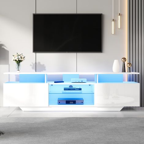 Meuble TV 160x40 cm - Meuble laqué brillant avec éclairage LED intégré - 2 armoires et 8 étagères - Support TV jusqu'à 70 pouces (1/5)