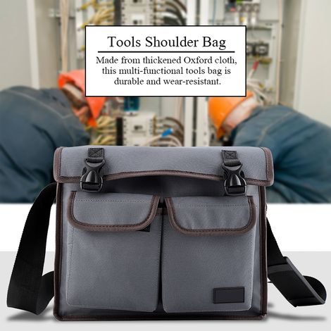 Sacoche porte-outils en tissu Oxford épais, avec bandoulière et organiseur, pour électricien et réparateur (gris) (1/5)