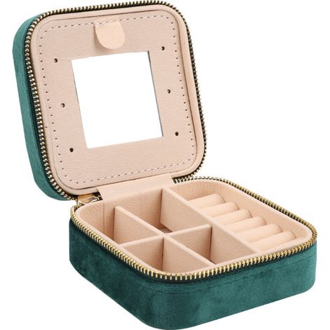 Mini coffret à bijoux de voyage en velours avec miroir, Boîte à bijoux de voyage pour filles et femmes, boucles d'oreilles, colliers, Vert foncé (1/5)