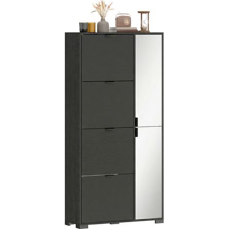 Meuble à chaussures moderne avec miroir, 4 tiroirs abattants, peut contenir jusqu'à 16 paires de chaussures, noir (1/5)