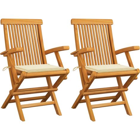 Chaises de jardin avec coussins crème 2 pcs Bois de teck massif (1/5)