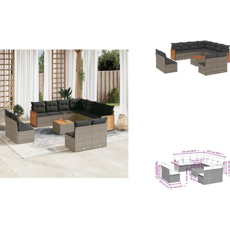 12-tlg. Garten-Sofagarnitur mit Kissen Grau Poly Rattan - Gartenmöbel Set - PE-Rattan Möbel - Outdoor Lounge - Esstisch - Sofasatz (1/3)