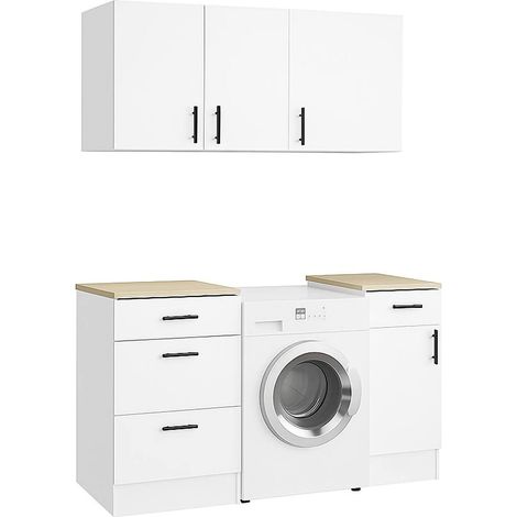 Dmora - Set muebles para lavandería Lodrino, Composición lavandería moderna, Solución optimizada para zona de lavado, Blanco y Roble