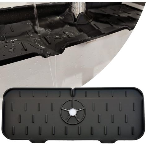 Tapis de robinet de cuisine en silicone anti-éclaboussures, pour un écoulement optimal et un plan de travail sec. Dimensions approximatives : 37 x 14 x 0,6 cm, diamètre du tuyau : 2,2 pouces, noir. (1/5)