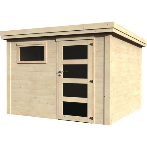 Décor Et Jardin – Abri de jardin bois 277x277cm – Surface utile 7,24 m² – Épaisseur madriers 28 mm – Porte simple vitrée avec serrure – Toiture en feutre bitumeux (1/2)