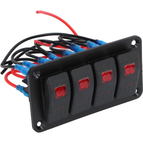 Panneau d'interrupteurs à bascule 4 voies, précâblé rouge, avec 2 autocollants pour automobile et bateau, 12 V 20 A / 24 V 10 A (1/5)