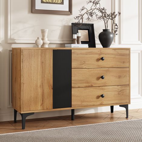 Buffet 120 cm bois naturel et noir, 1 porte, 3 tiroirs, pieds métal, style scandinave (1/5)