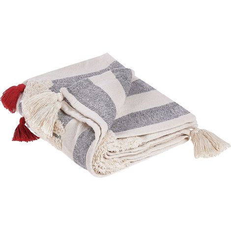 Plaid Blanc et Gris en Coton 125 x 150 cm Couvre-Lit à Rayures et Chevaux Namtar